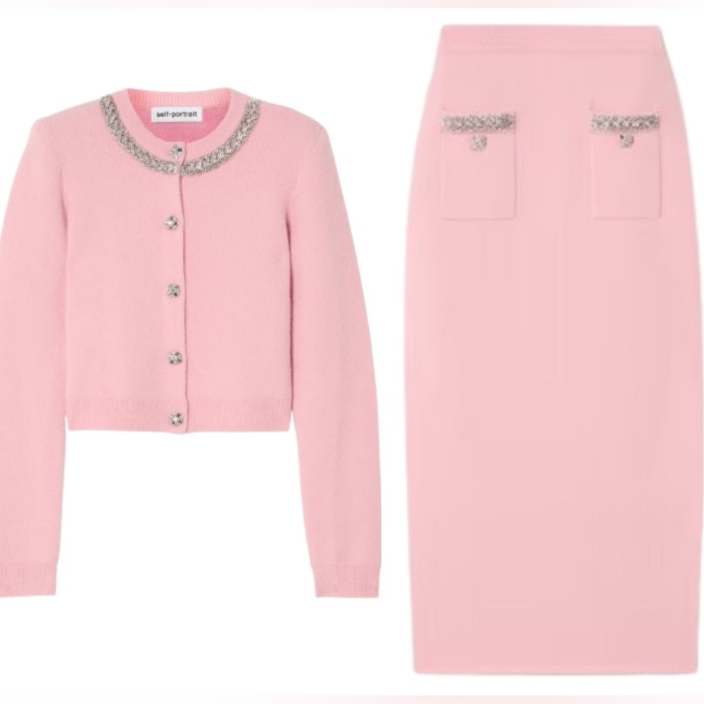 Self Portrait Embellished Cardigan and Knit Pencil Skirt in Pink